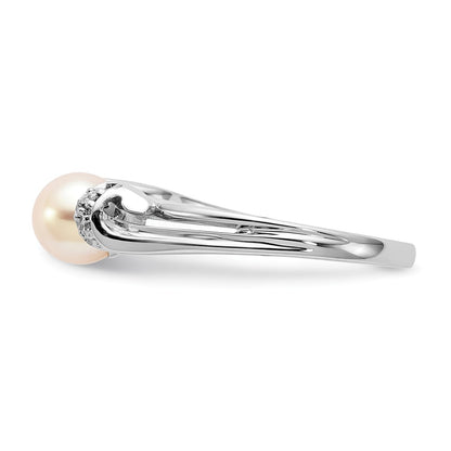 14k White Gold 6mm FW Cultured Pearl AA Real Diamond Ring