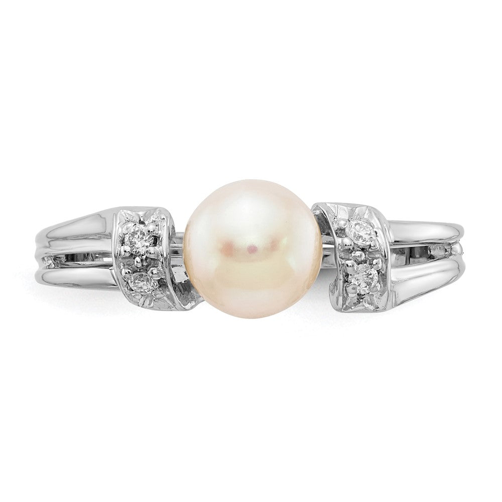 14k White Gold 6mm FW Cultured Pearl AA Real Diamond Ring
