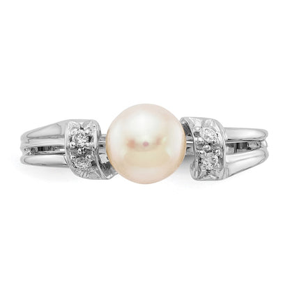 14k White Gold 6mm FW Cultured Pearl AA Real Diamond Ring