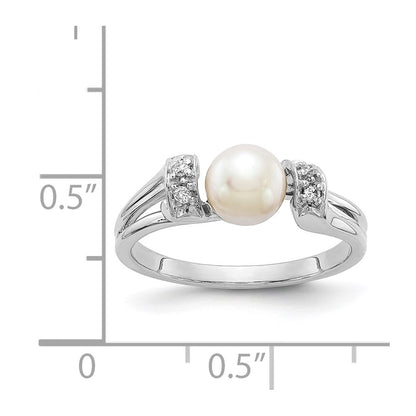 14k White Gold 6mm FW Cultured Pearl AA Real Diamond Ring