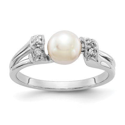 14k White Gold 6mm FW Cultured Pearl AA Real Diamond Ring