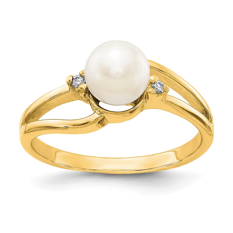 14K Yellow Gold 6mm FW Cultured Pearl A Real Diamond ring