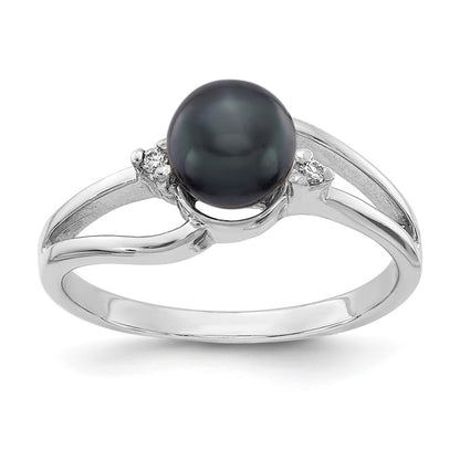 14k White Gold 6mm Black FW Cultured Pearl AAA Real Diamond ring