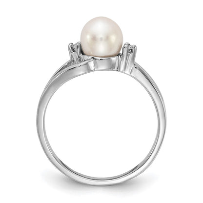 14k White Gold 6mm FW Cultured Pearl AA Real Diamond ring