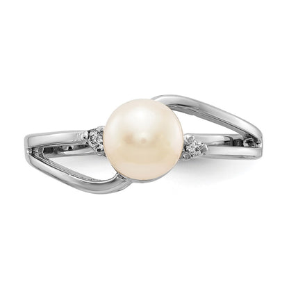 14k White Gold 6mm FW Cultured Pearl AA Real Diamond ring