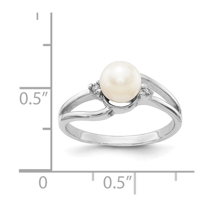 14k White Gold 6mm FW Cultured Pearl AA Real Diamond ring