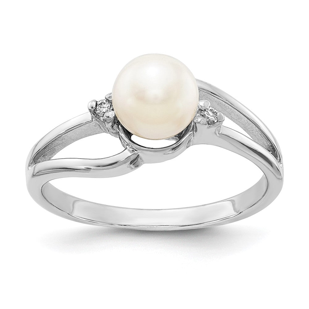 14k White Gold 6mm FW Cultured Pearl AA Real Diamond ring