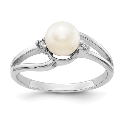14k White Gold 6mm FW Cultured Pearl AA Real Diamond ring