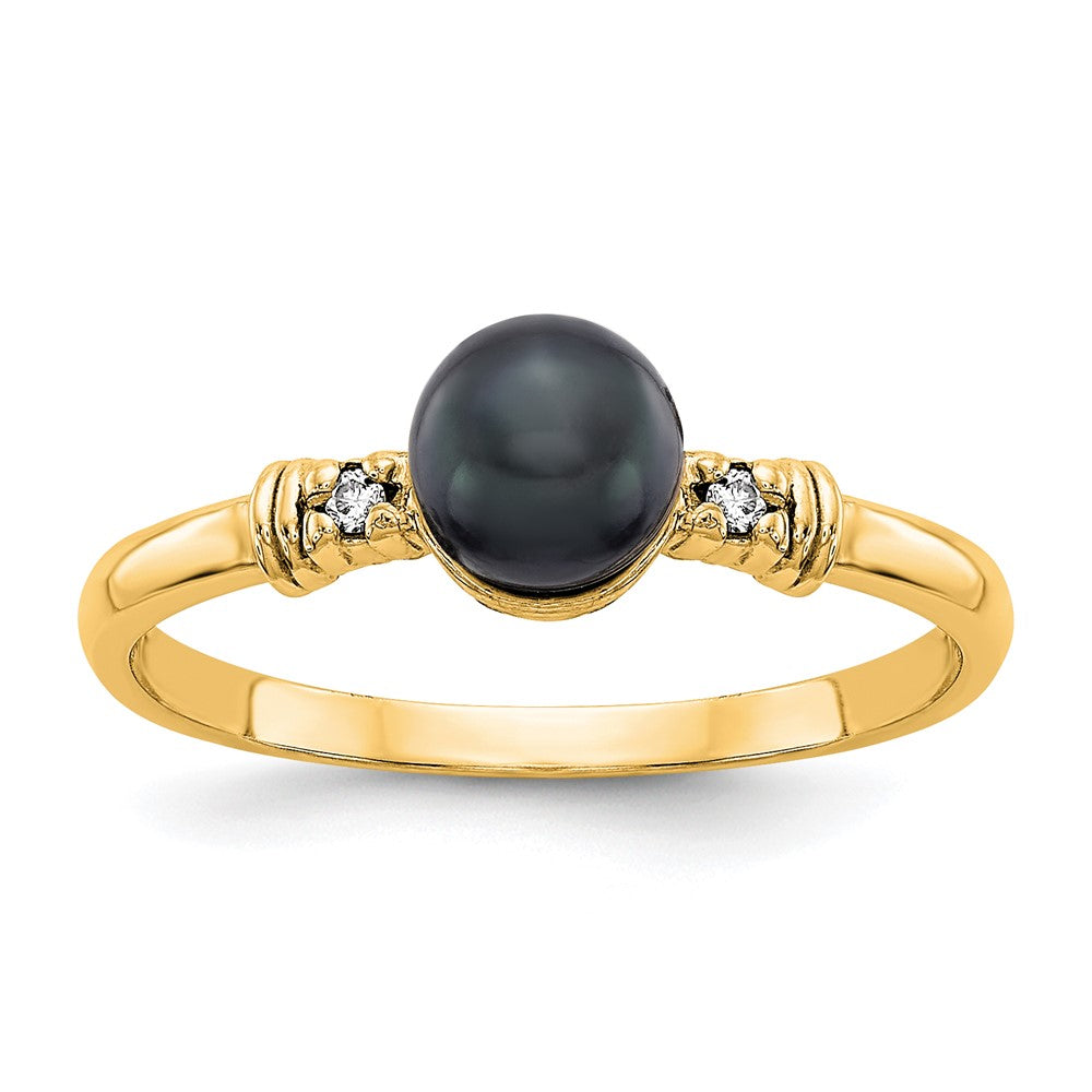 14K Yellow Gold 5mm Black FW Cultured Pearl AA Real Diamond ring