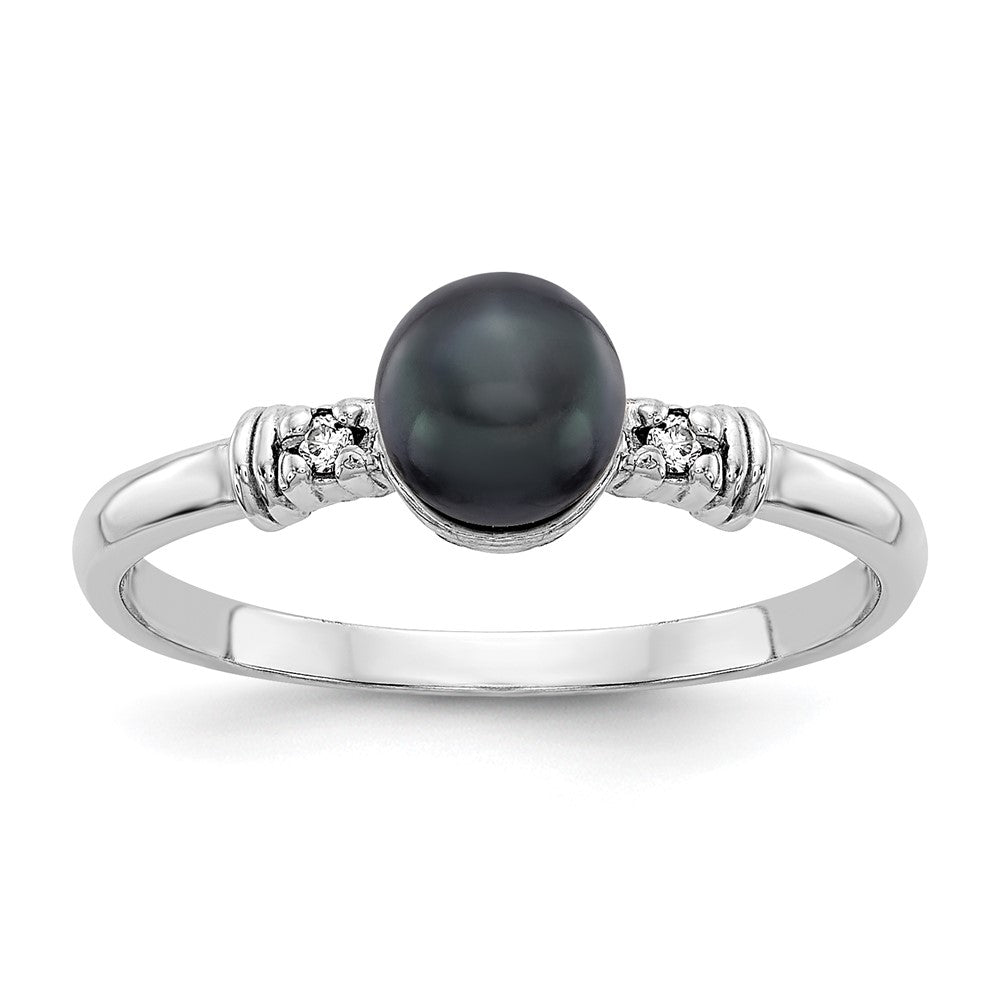 14k White Gold 5mm Black FW Cultured Pearl AAA Real Diamond ring