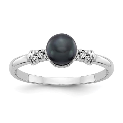 14k White Gold 5mm Black FW Cultured Pearl AAA Real Diamond ring