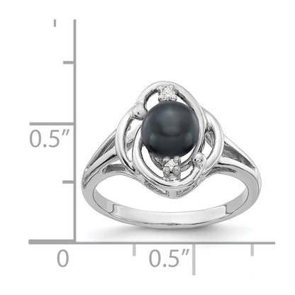 14k White Gold 6mm Black FW Cultured Pearl AAA Real Diamond ring
