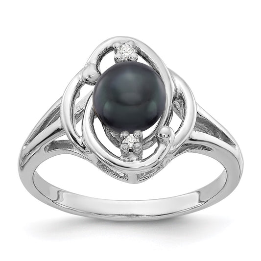 14k White Gold 6mm Black FW Cultured Pearl AAA Real Diamond ring