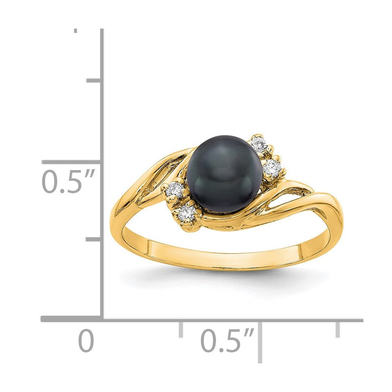 14k Yellow Gold Gold 6mm Black FW Cultured Pearl AA Diamond ring