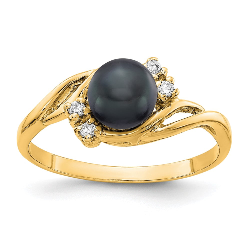 14k Yellow Gold Gold 6mm Black FW Cultured Pearl AA Diamond ring