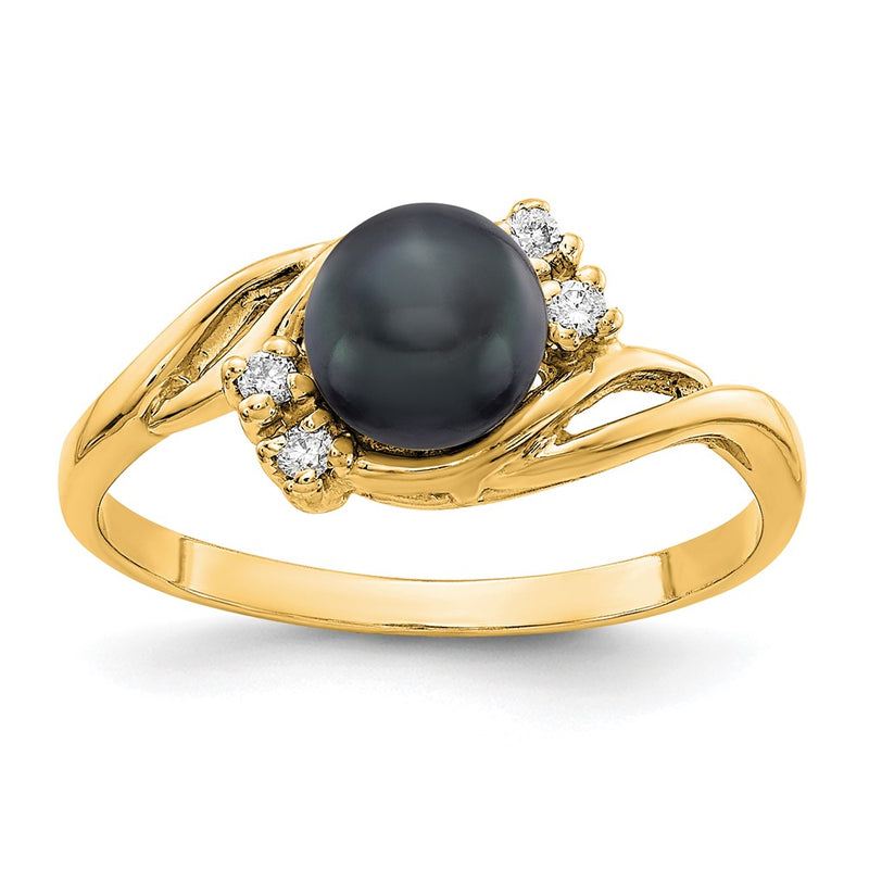 14k Yellow Gold Gold 6mm Black FW Cultured Pearl AA Diamond ring