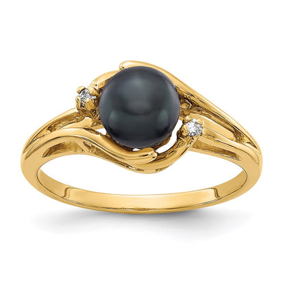 14K Yellow Gold 6mm Black FW Cultured Pearl A Real Diamond ring