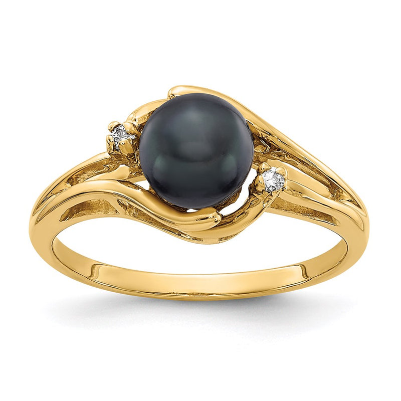 14K Yellow Gold 6mm Black FW Cultured Pearl A Real Diamond ring