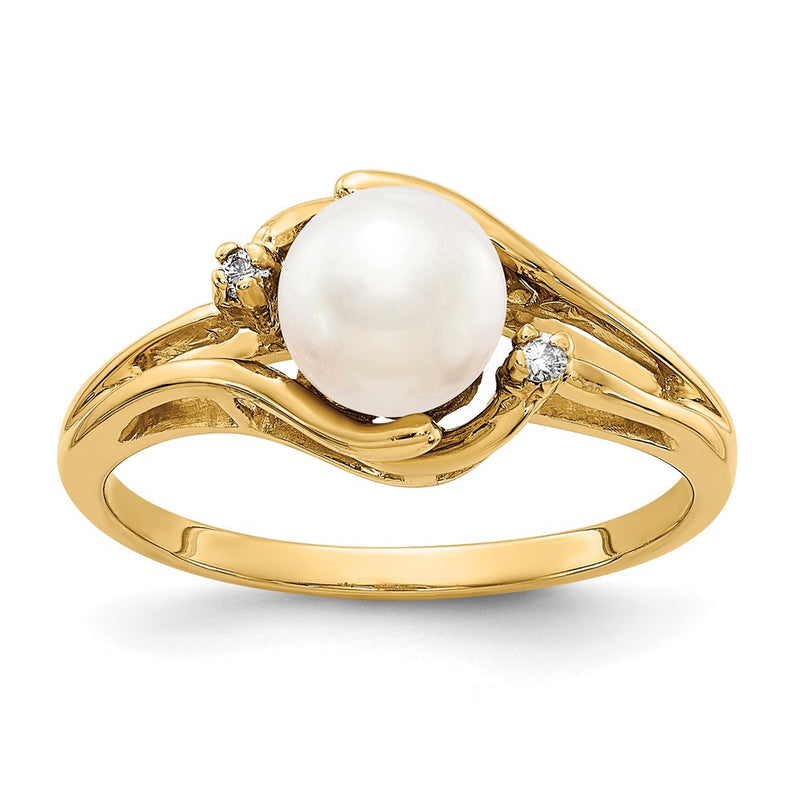 14K Yellow Gold 6mm FW Cultured Pearl A Real Diamond ring