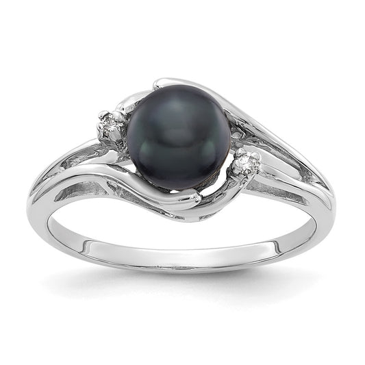14k White Gold 6mm Black FW Cultured Pearl A Real Diamond ring