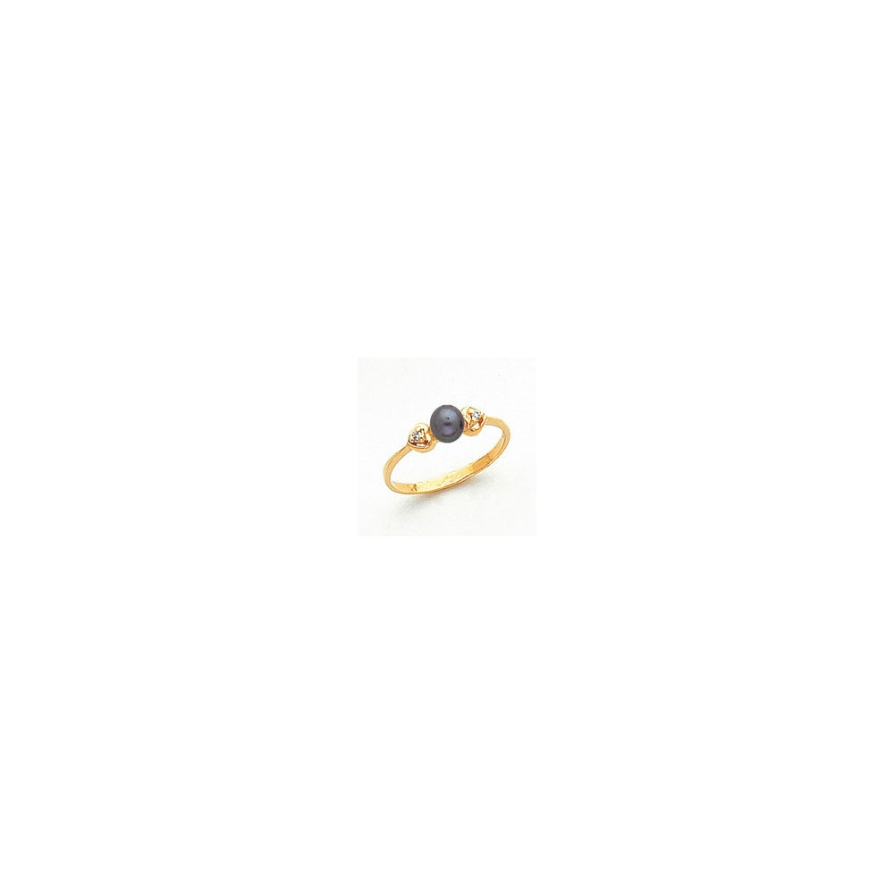 14K Yellow Gold 4.5mm Black FW Cultured Pearl VS Real Diamond ring
