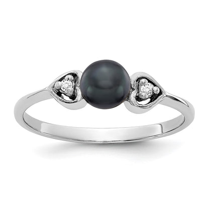 14k White Gold 4.5mm Black FW Cultured Pearl AA Real Diamond ring