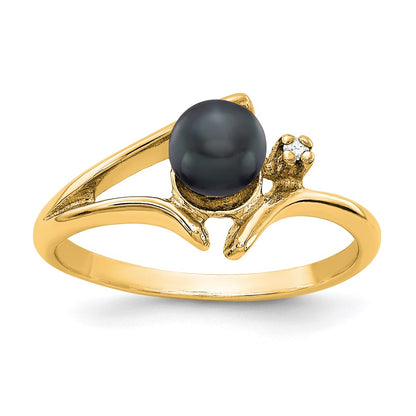 14K Yellow Gold 5mm Black FW Cultured Pearl AA Real Diamond ring