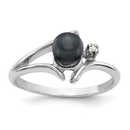 14k White Gold 5mm Black FW Cultured Pearl AA Real Diamond ring