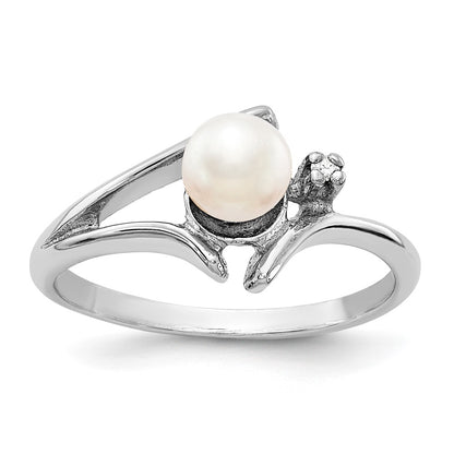 14k White Gold 5mm FW Cultured Pearl AAA Real Diamond ring