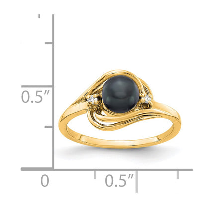 14K Yellow Gold 5.5mm Black FW Cultured Pearl AA Real Diamond ring