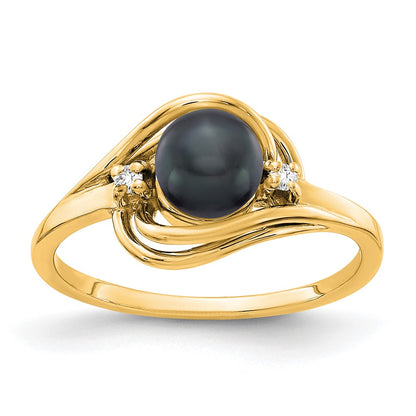 14K Yellow Gold 5.5mm Black FW Cultured Pearl AA Real Diamond ring