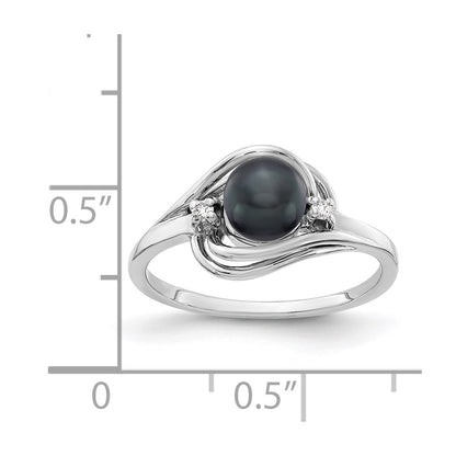 14k White Gold 5.5mm Black FW Cultured Pearl AAA Real Diamond ring