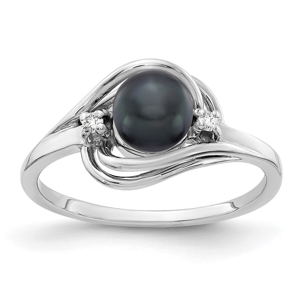 14k White Gold 5.5mm Black FW Cultured Pearl AAA Real Diamond ring