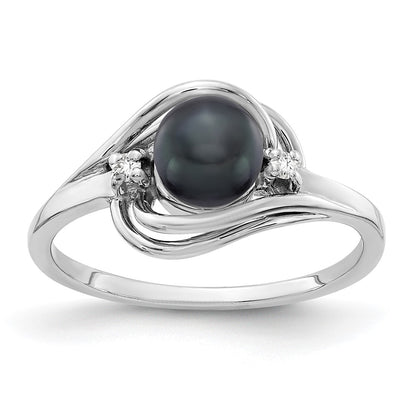 14k White Gold 5.5mm Black FW Cultured Pearl AAA Real Diamond ring