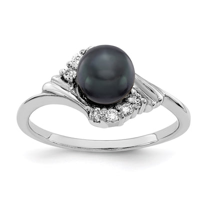 14k White Gold 6mm Black FW Cultured Pearl A Real Diamond ring