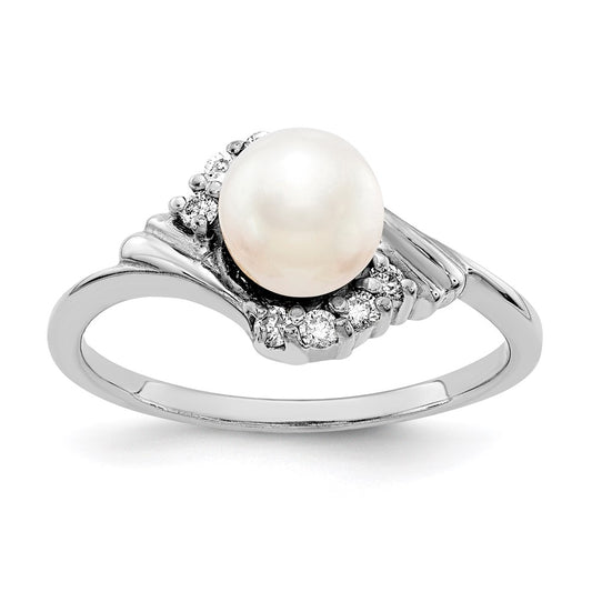 14k White Gold 6mm FW Cultured Pearl A Real Diamond ring