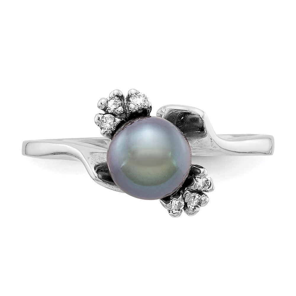 14k White Gold 6mm Black FW Cultured Pearl AAA Real Diamond ring