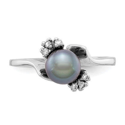 14k White Gold 6mm Black FW Cultured Pearl AAA Real Diamond ring