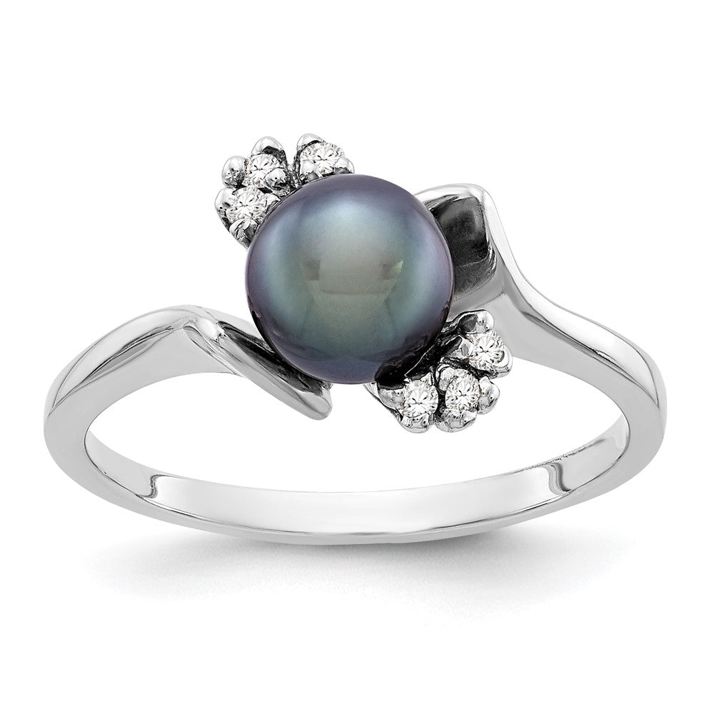 14k White Gold 6mm Black FW Cultured Pearl AAA Real Diamond ring