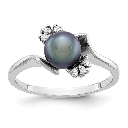 14k White Gold 6mm Black FW Cultured Pearl AAA Real Diamond ring