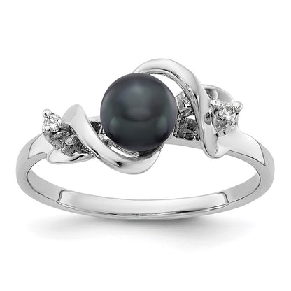 14k White Gold 5.5mm Black FW Cultured Pearl AAA Real Diamond ring