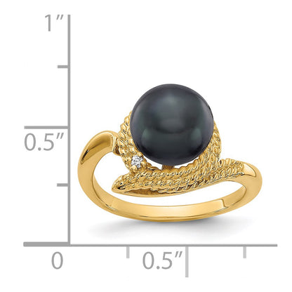 14K Yellow Gold 8.5mm Black FW Cultured Pearl VS Real Diamond ring