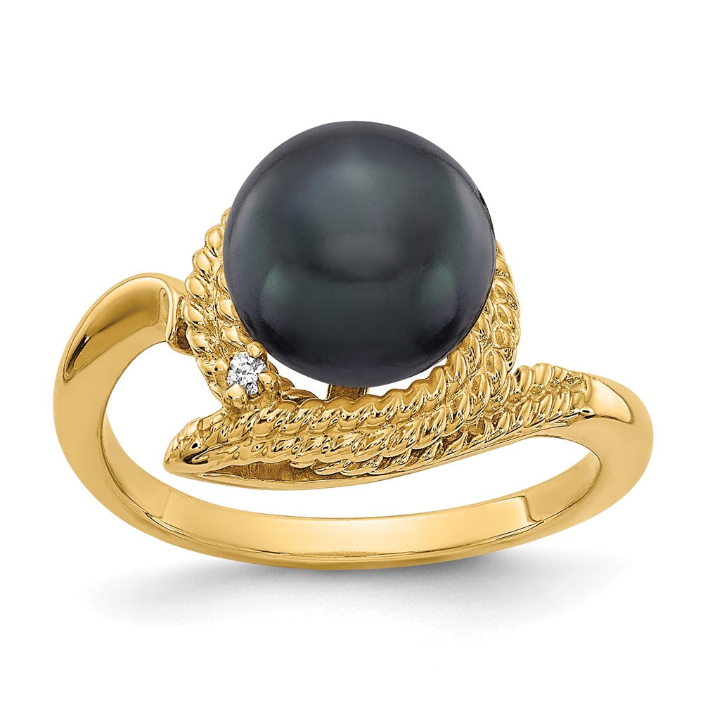 14K Yellow Gold 8.5mm Black FW Cultured Pearl VS Real Diamond ring