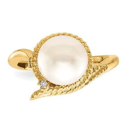 14K Yellow Gold 8.5mm FW Cultured Pearl AAA Real Diamond ring