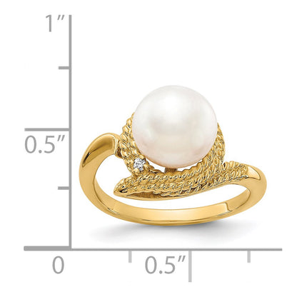 14K Yellow Gold 8.5mm FW Cultured Pearl AAA Real Diamond ring
