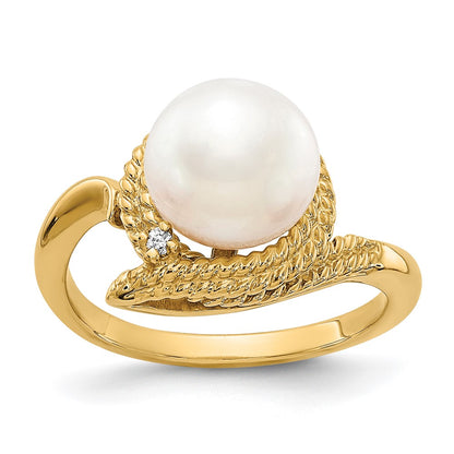 14K Yellow Gold 8.5mm FW Cultured Pearl AAA Real Diamond ring