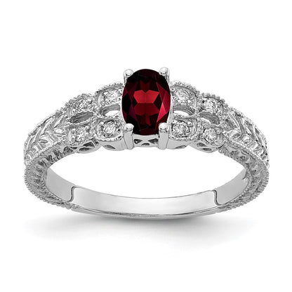 14k White Gold 6x4mm Oval Garnet Checker AAA Real Diamond ring