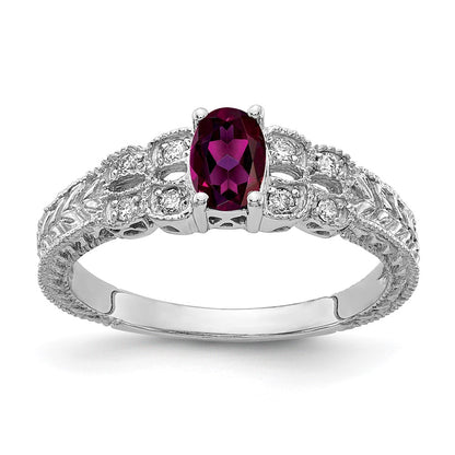 Solid 14k White Gold 6x4mm Oval Rhodolite Simulated Garnet AA CZ Ring