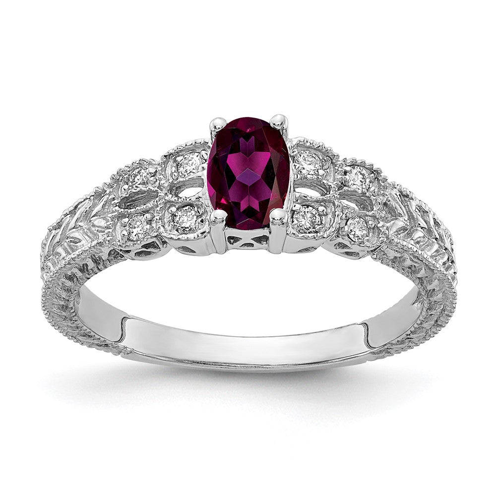 Solid 14k White Gold 6x4mm Oval Rhodolite Simulated Garnet AAA CZ Ring