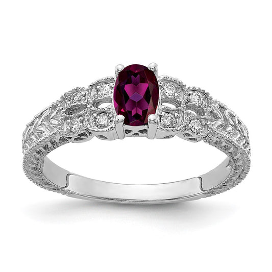 Solid 14k White Gold 6x4mm Oval Rhodolite Simulated Garnet A CZ Ring